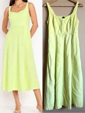 Old Navy Lime Yellow Linen Blend Smocked Back Midi Dress Size S Casual Summer